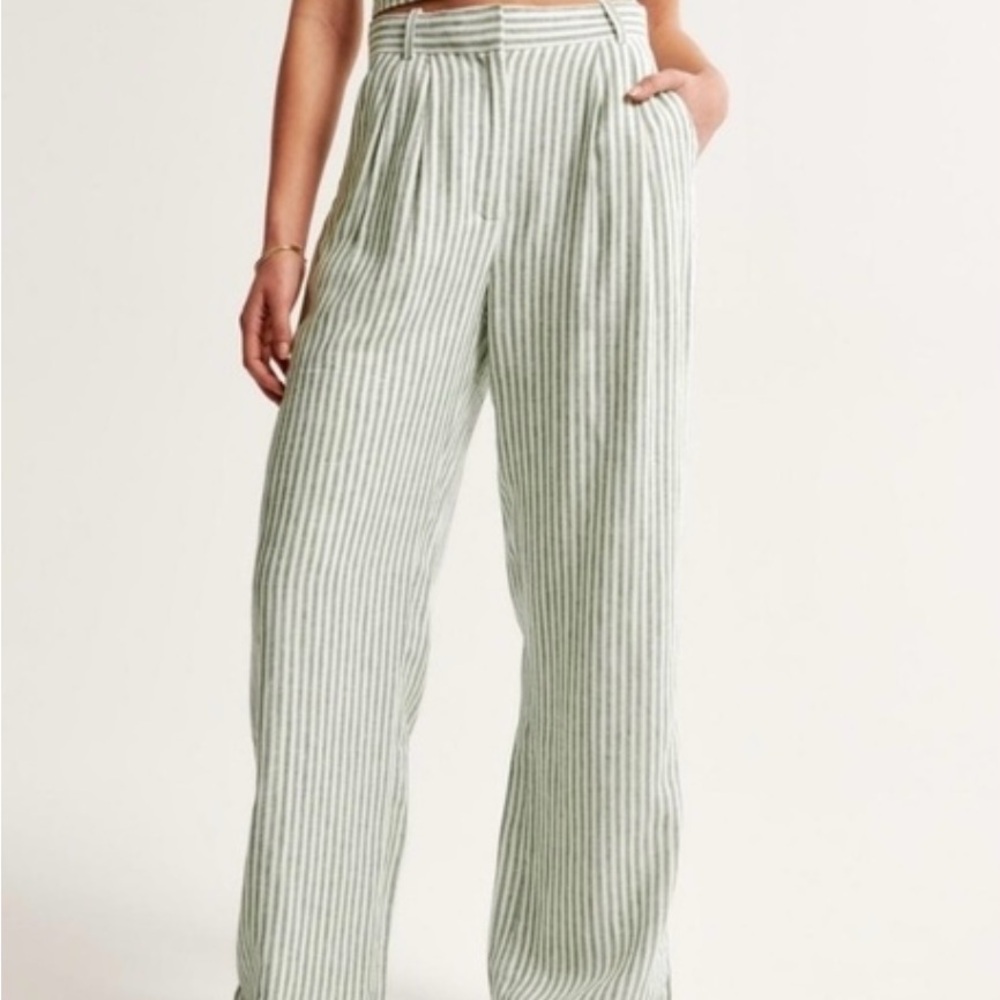 Abercrombie & Fitch Green and White Striped Wide Leg Pants